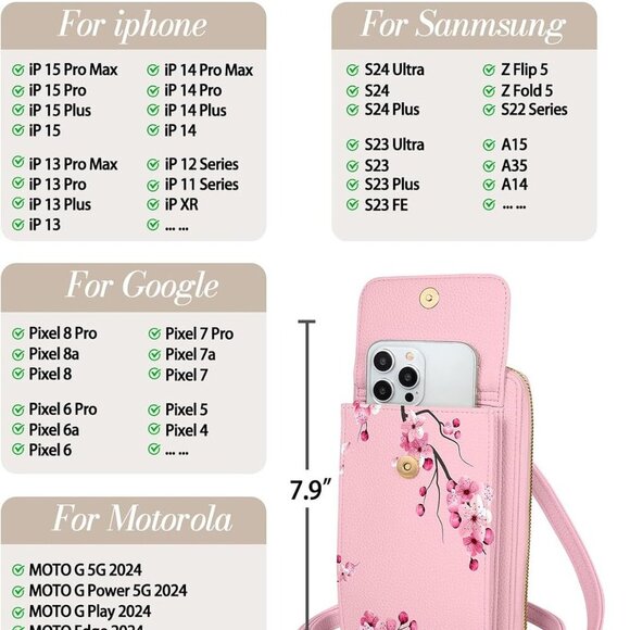 Peach Blossom Crossbody Wallet - Stylish Bag with Spacious Cell Phone Pocket - Picture 3 of 6